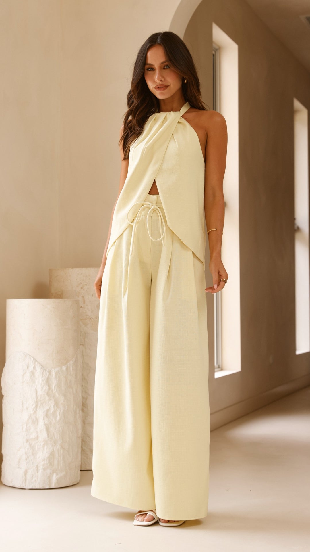 Midnight Drape Halter Top in Butter Yellow Crepe